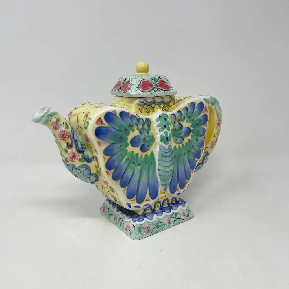 VTG Butterfly‎ Decorative Teapot Yellow Green Blue Hand Painted Ceramic